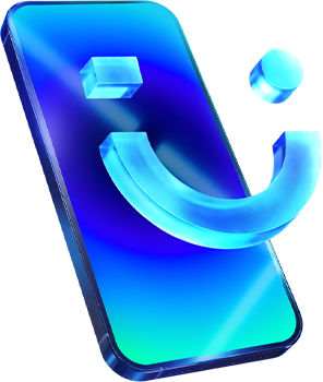 Phone with visible smiley emoji held in front of blue light