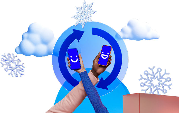 two visible phones held in front of snowflakes