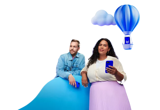 two people with visible phones leaning on cloud prop