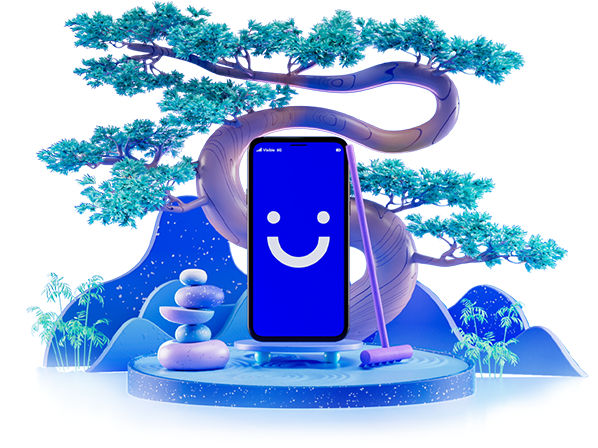 visible phone in a zen garden with a bonsai tree