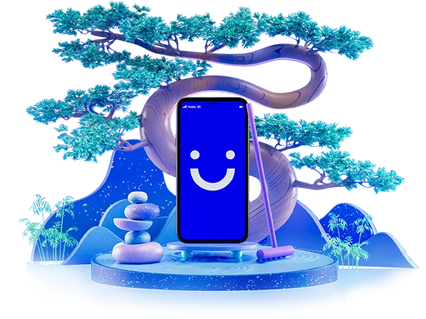 visible phone in a zen garden with a bonsai tree