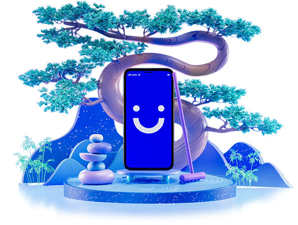 visible phone in zen garden with bonsai tree