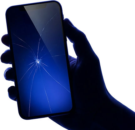 arm holding visible phone with cracked screen displaying a surprised emoji