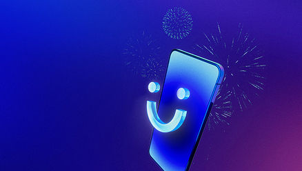 Smiling smartphone with fireworks animation