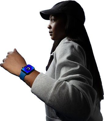 person wearing smartwatch displaying a smile emoji