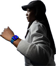 person wearing smartwatch displaying a smile emoji