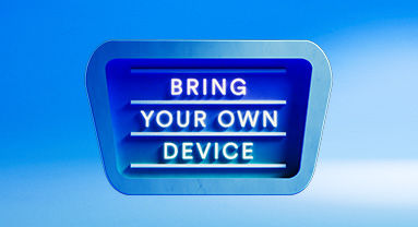 blue neon sign that reads bring your own device